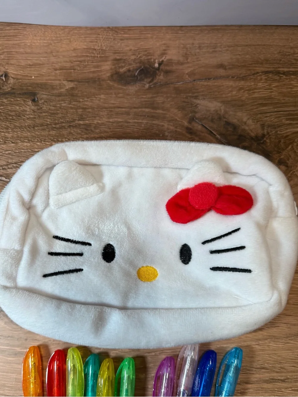 Sanrio Hello Kitty Plush Pencil Pouch + 10 Glitter Gel Pens Kawaii Set